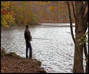 Puzzle Ψάρεμα - Ψαράς στη δράση του ποταμού σε μια δασώδη τοπία